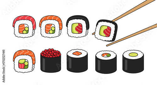 Delicious Assortment of Fresh Sushi Rolls and Maki Featuring Salmon Avocado and Caviar Ready to Be Enjoyed