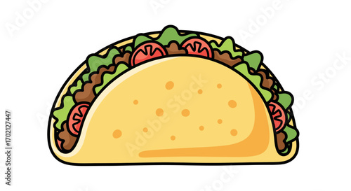 Deliciously Prepared Savory Ground Beef Taco Overflowing with Fresh Lettuce Sliced Tomatoes and Shredded Cheese in a Soft Tortilla