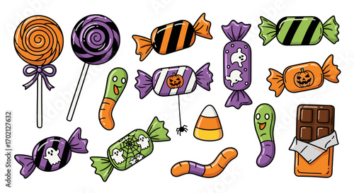 An Assortment of Spooky and Sweet Halloween Candies and Treats for Trick or Treating Adventures