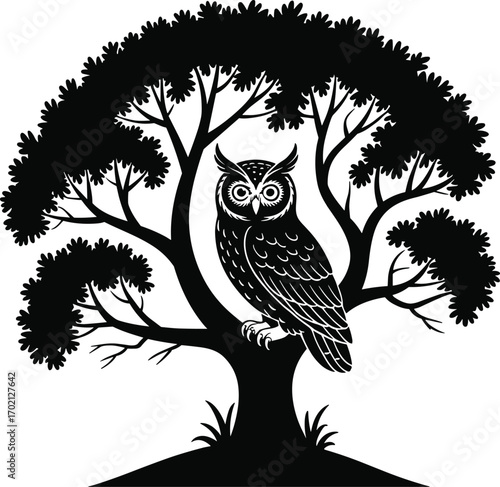 Black silhouette of wise owl perched on large tree, nature wildlife design, night bird symbol, detailed animal illustration