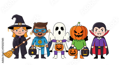 Five Diverse Children In Halloween Costumes Trick Or Treating Holding Candy Buckets Having Fun During Spooky Season Celebration