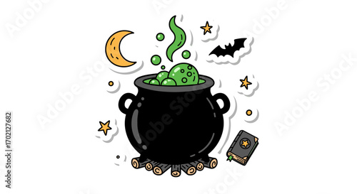 Spooky Brew Bubbling in Cauldron Under Crescent Moon and Twinkling Stars Mystical Halloween Night