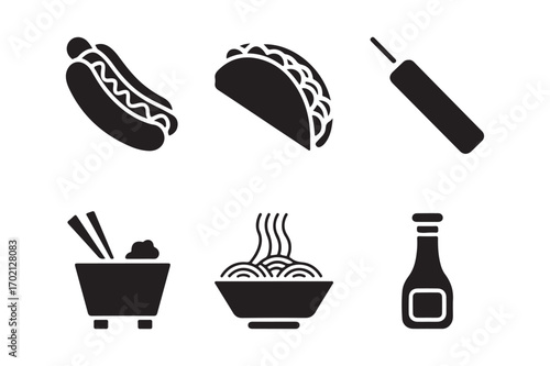Collection of six black silhouette icons representing various food items