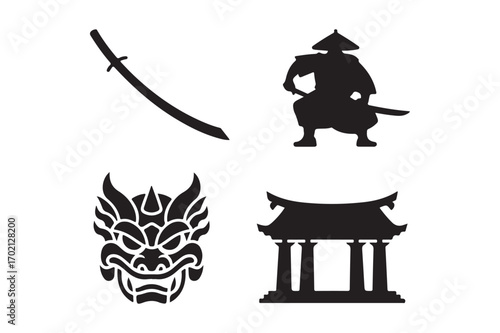 Four black silhouettes representing japanese culture and warrior symbols