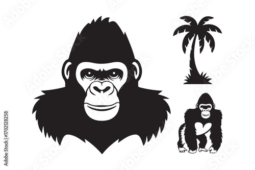 Black silhouette of a gorilla and palm tree