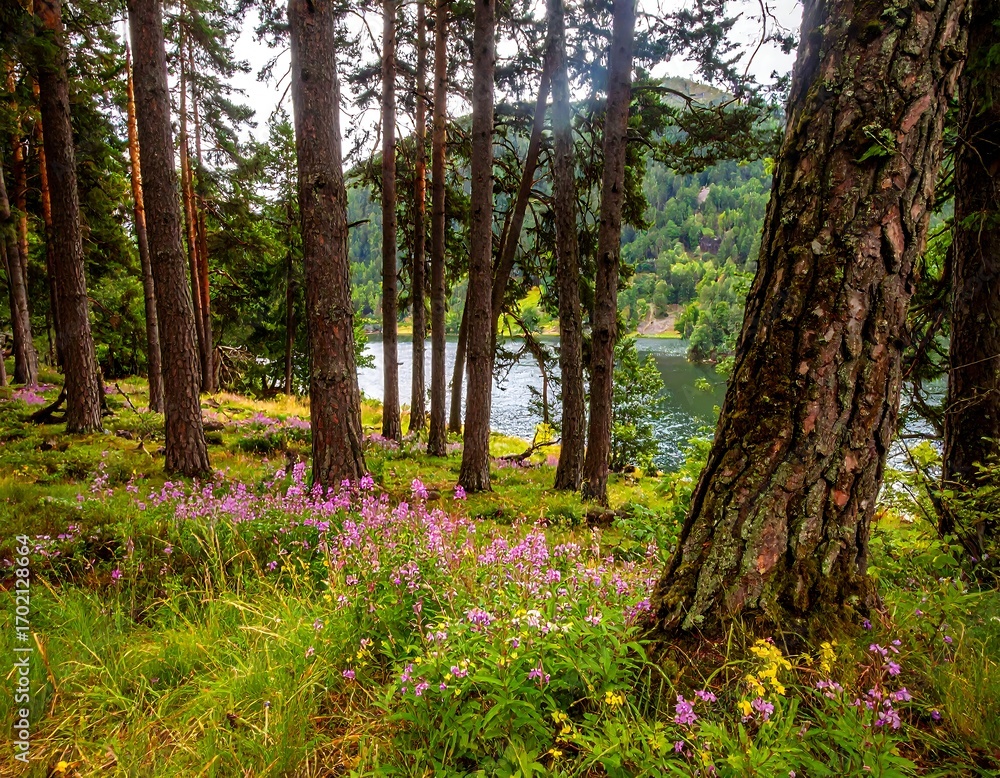 Naklejka premium Lush forest floor with wildflowers, lake, and pines