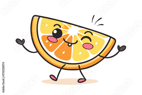 Cute cartoon orange slice character winking and dancing