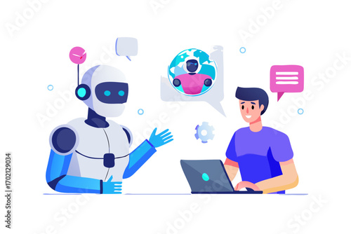 Robot and man interacting with laptop and globe, artificial intelligence concept