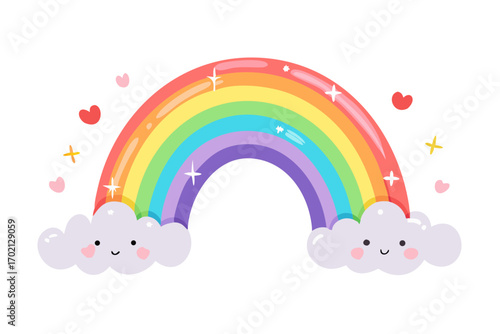 Cute rainbow with smiling clouds and hearts