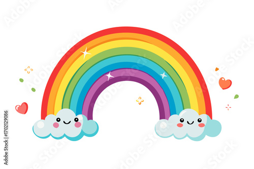 Cute rainbow with smiling clouds and hearts