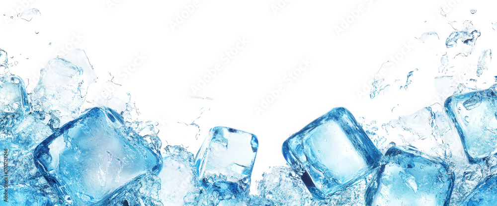 Obraz premium Pile of translucent ice cubes with water droplets isolated on transparent background