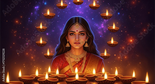 beautiful Indian woman dressed in a traditional saree with jewelry and flowers gracefully holding a lit diya lamp surrounded by glowing oil lamps