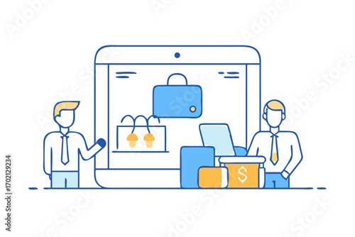 Two businessmen presenting a tablet with shopping bags and money