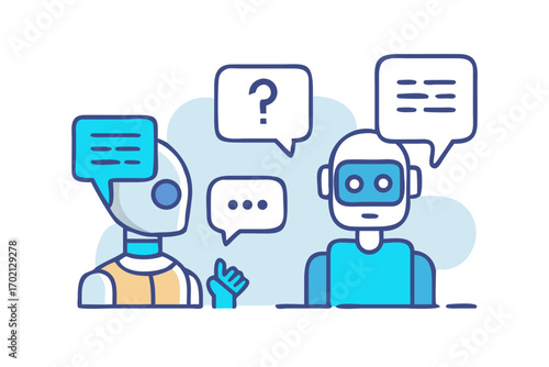 Robots communicating with speech bubbles and question marks