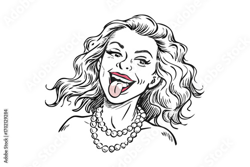 Woman with curly hair sticking out her tongue and winking