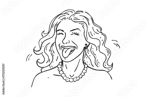 Woman with curly hair sticking out her tongue and winking