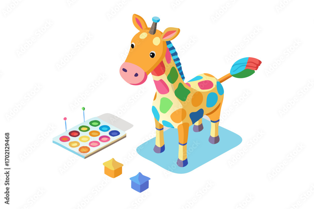 Naklejka premium Colorful toy giraffe with paint palette and blocks