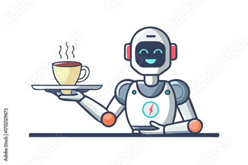 Robot serving a cup of hot coffee on a tray
