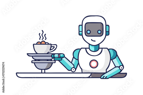 Robot waiter serving a cup of steaming coffee on a tray