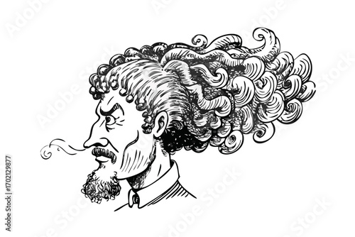 Man with wild curly hair blowing in the wind