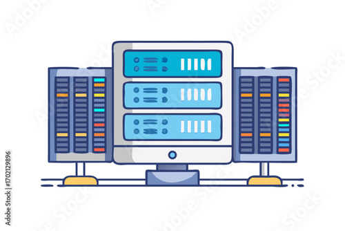 Modern server rack with multiple computers and network equipment
