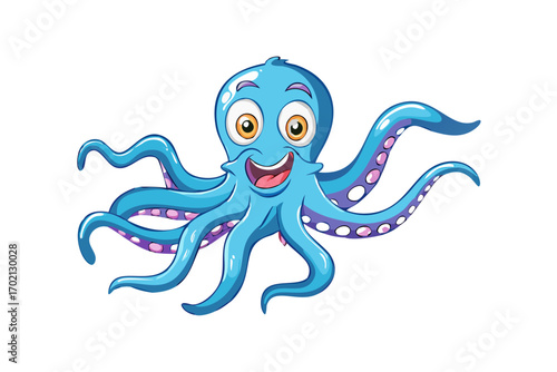 Happy blue octopus with purple spots, cartoon character