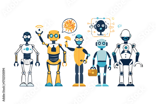 Group of five diverse robots with technology symbols