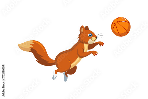 Energetic cartoon squirrel jumping with a basketball
