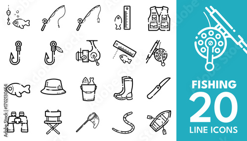 fishing - 20 line vector icons set