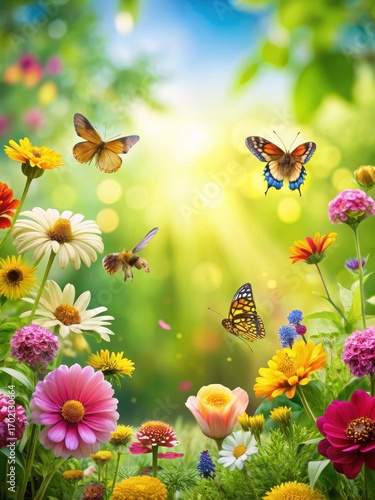 Wallpaper Mural Colorful flowers blooming in a lush green garden with butterflies and bees flying around them Torontodigital.ca