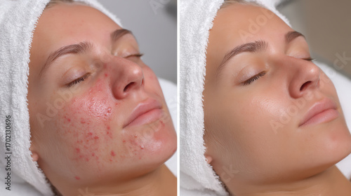 Woman face skin treatment before after acne laser therapy
