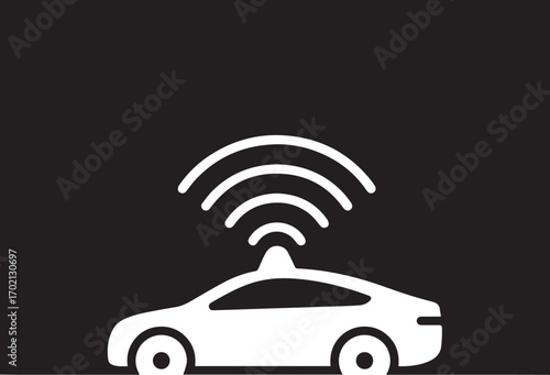 A minimalist graphic of a white car with a Wi-Fi symbol emanating from its roof, set against a stark black and white backdrop.