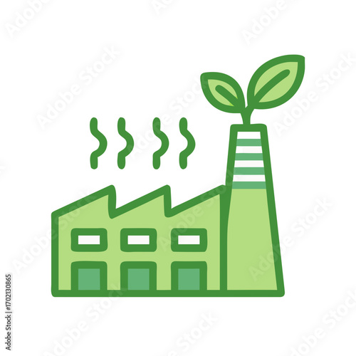 Green factory with smokestack and plant growing in a clean design
