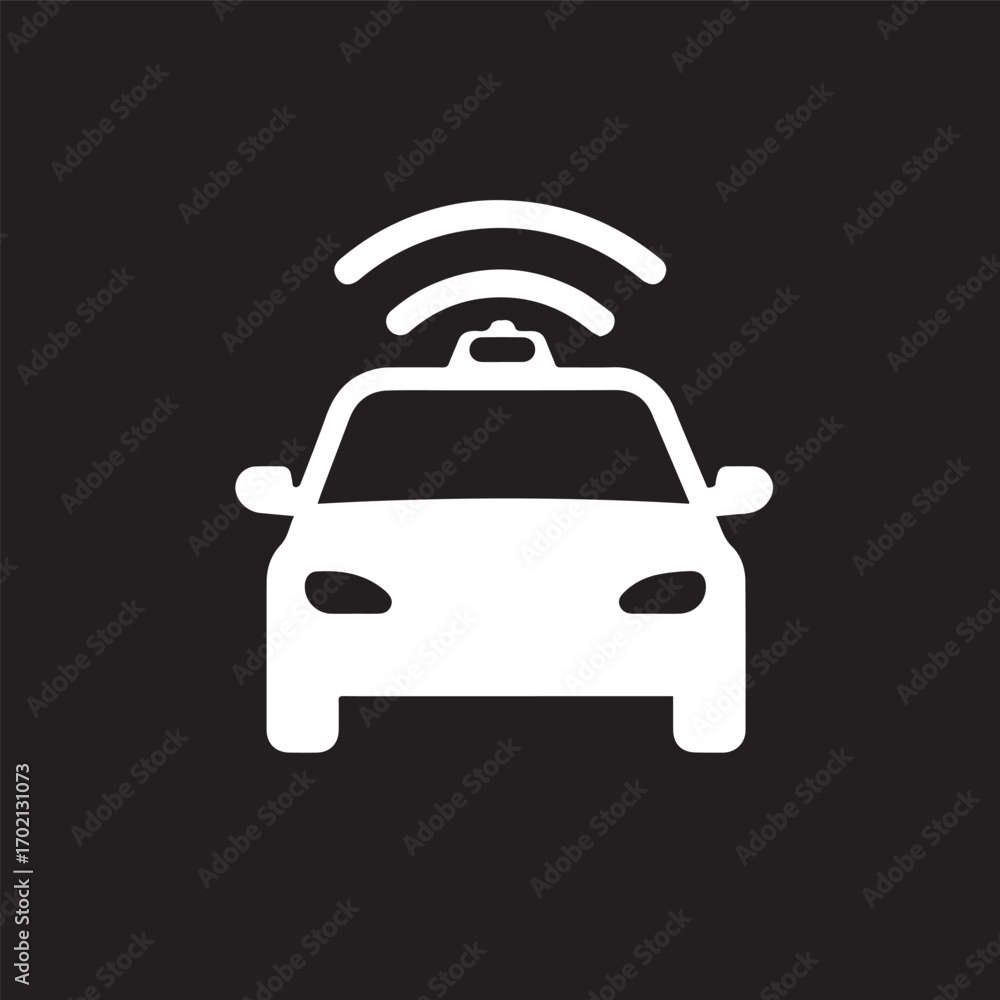 Obraz premium A minimalist white icon of a car with signal waves emanating from the roof, representing an autonomous taxi or ride-sharing service.