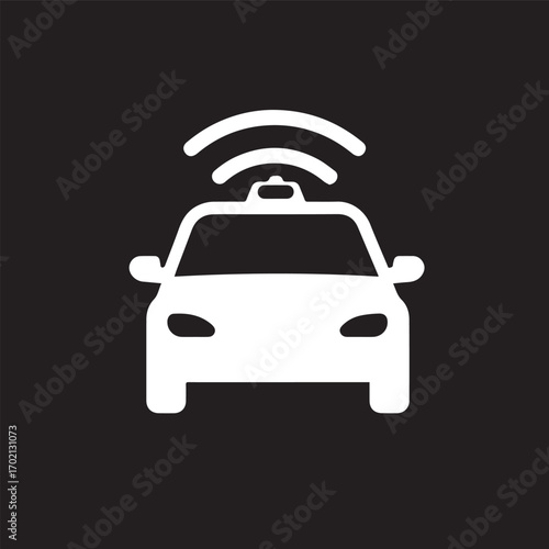 A minimalist white icon of a car with signal waves emanating from the roof, representing an autonomous taxi or ride-sharing service.