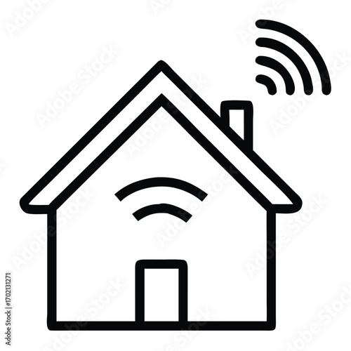 A simple black and white icon representing a house with a Wi-Fi signal emanating from its chimney, symbolizing a smart home.