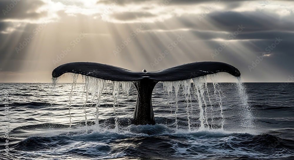 Fototapeta premium Whale's Tail Emerging from the Ocean Under Dramatic Sunlight