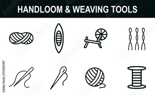 Handloom & Weaving Tools Icon Set – Black Line Art of Yarn, Shuttle, Spinning Wheel, Needles & Threads for Textile Craft & Artisan Projects