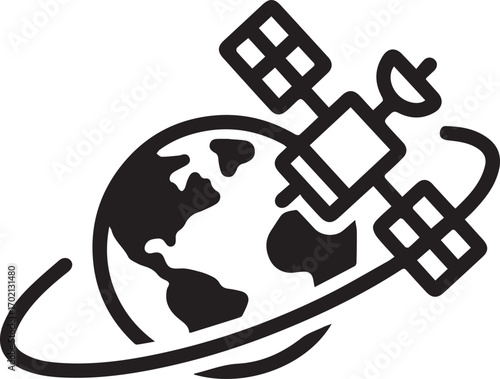 A black and white line drawing depicts a satellite with solar panels orbiting a simplified representation of Earth.