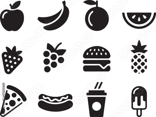 Fresh fruits and fast food icons for healthy eating
