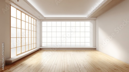 Bright Empty Room with Hardwood Floor and Large Window, Interior Design Mockup