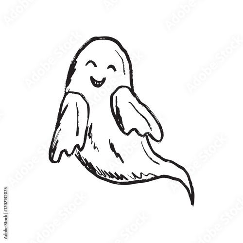 Happy ghost flying as a symbol of happy Halloween in black brush stroke texture isolated on white. Hand drawn vector sketch illustration in vintage charcoal ink. Scary creature, holiday symbol