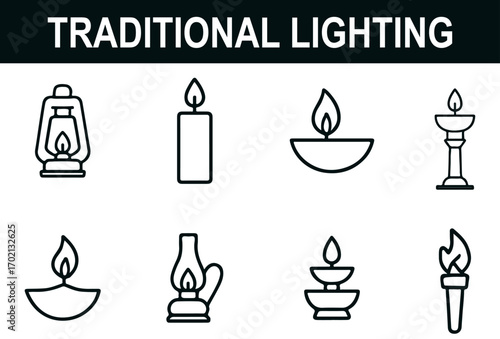 Traditional Lighting Icon Set – Black & White Line Art of Oil Lamps, Candles, Torches & Pedestal Lamps for Cultural, Ritual & Heritage Projects