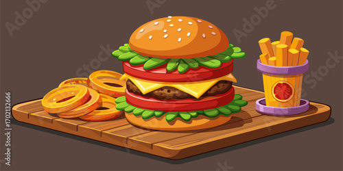 Illustration of a mouth-watering double cheeseburger served with crispy fries on a wooden cutting board. A delicious double cheeseburger! Juicy meat, melted cheese, served with crispy fries.