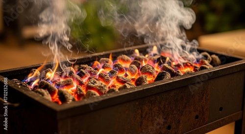 Charcoal Grill Burning Brightly Outdoors.