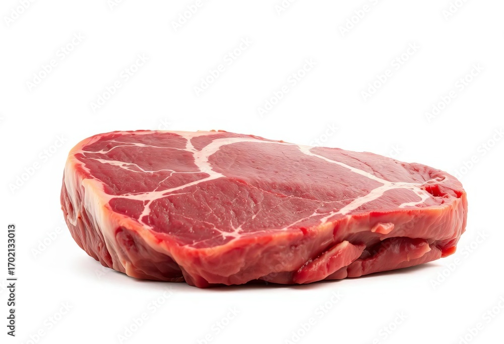 Obraz premium A thick-cut raw T-bone steak, marbled with fat, sits alone against a pristine white backdrop, beef steak, backdrop