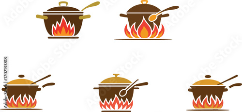 Cooking pots with flames and spoons kitchen