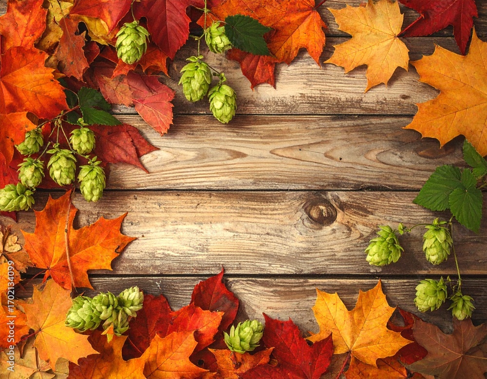 Obraz premium Autumnal frame of colorful maple leaves and fresh green hops on a rustic wooden background with copy space