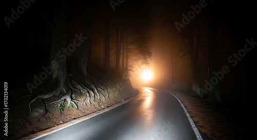 Road in Dark Foggy Forest