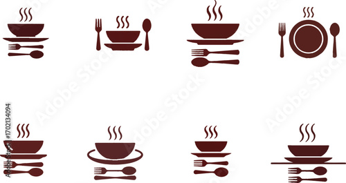 Hot soup bowl plate fork spoon icons vector
